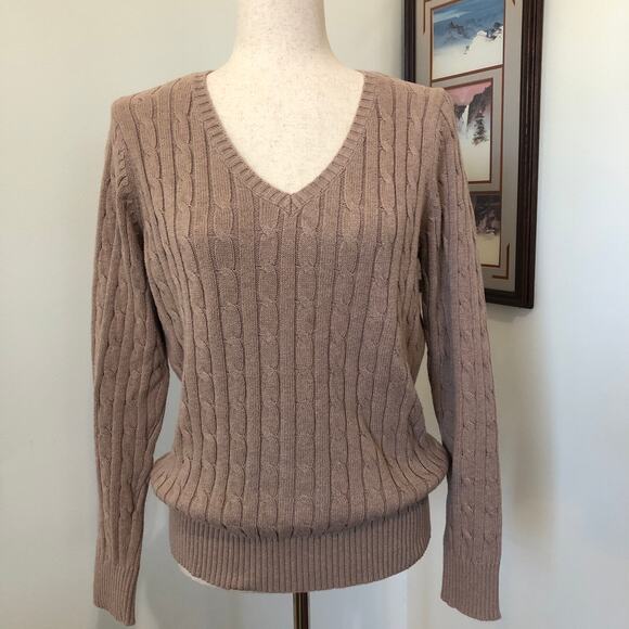 VTG 90s Taupe Cable Knit V-Neck Sweater Quiet Luxury Classic Preppy Tag L Fits M - Picture 2 of 9